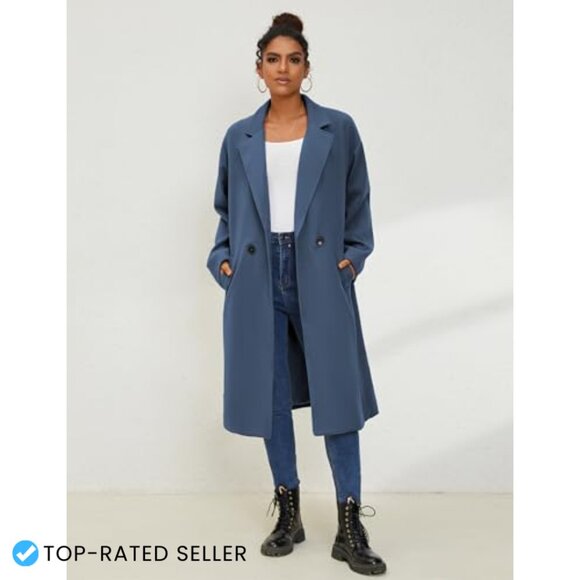 Oversized Wool Blend Trench Coat Double Breasted Long Winter Overcoat Chic - Picture 2 of 6